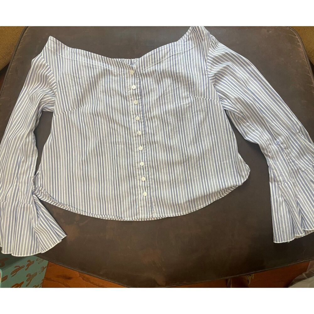 Free People Womens X-Small March to the Beat Blouse Blue White Stripe Cotton